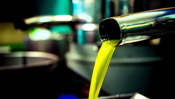 Stream of bright green olive oil pouring from a metal tap into a container. - Olive Oil Times
