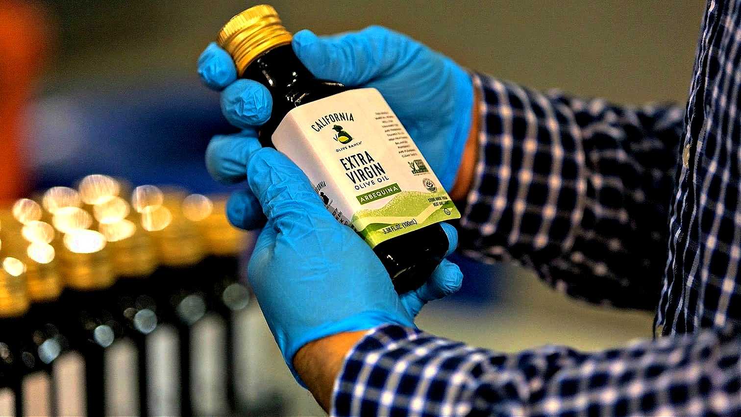 Person wearing blue gloves holding a bottle of California extra virgin olive oil with a label. - Olive Oil Times
