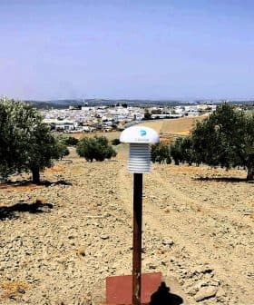 Monitoring device positioned in an olive grove with trees in the background. - Olive Oil Times