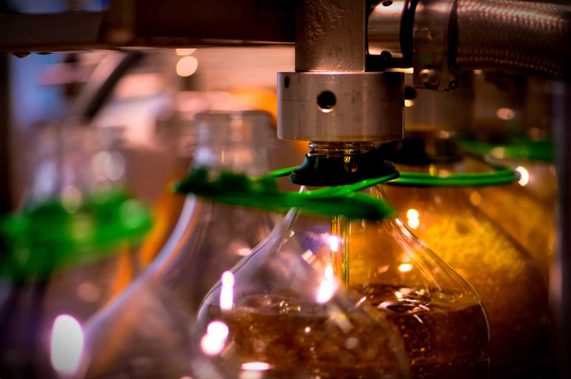 Bottles being filled with olive oil in a production line with green caps. - Olive Oil Times