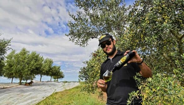 Man in sunglasses pouring olive oil from a bottle into a glass in an olive grove. - Olive Oil Times