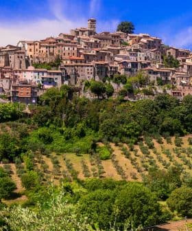 A hilltop village with stone buildings and olive groves in the foreground under a blue sky. - Olive Oil Times