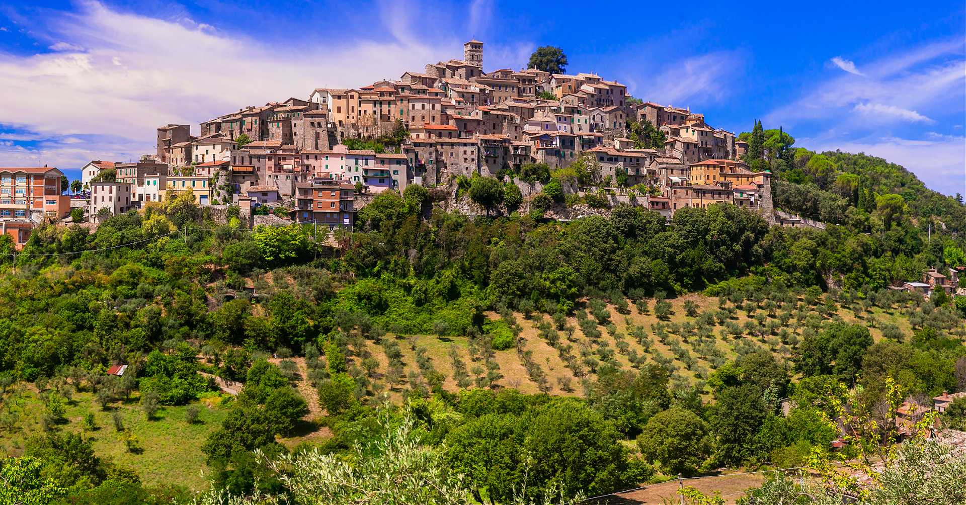 A hilltop village with stone buildings and olive groves in the foreground under a blue sky. - Olive Oil Times