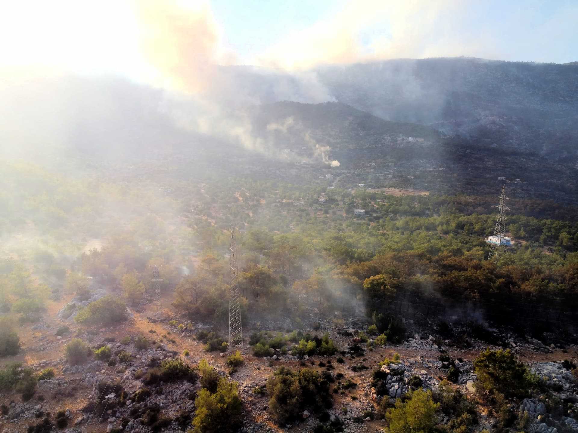 Aerial view of a landscape with smoke rising from the ground among trees and rocky terrain. - Olive Oil Times