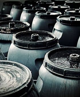 A group of dark storage barrels arranged closely together, showing their tops and lids. - Olive Oil Times