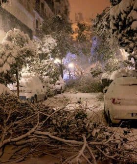 A street covered in snow with fallen branches and parked cars partially obscured by snow. - Olive Oil Times