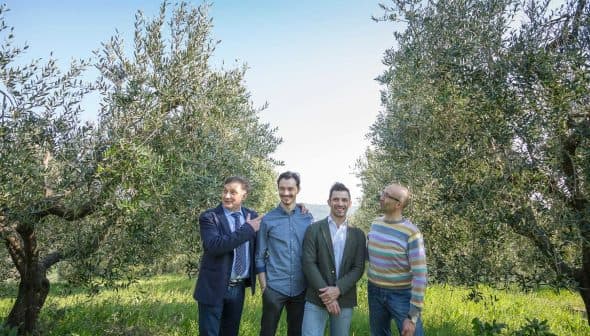 Four men standing together in an olive grove with olive trees in the background. - Olive Oil Times