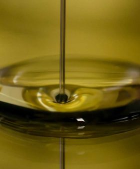 Stream of olive oil pouring into a circular pool of oil, creating ripples on the surface. - Olive Oil Times