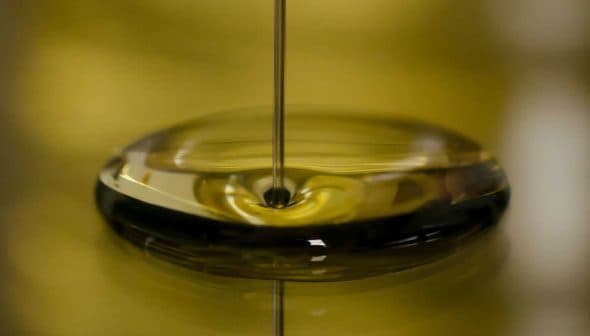 Stream of olive oil pouring into a circular pool of oil, creating ripples on the surface. - Olive Oil Times