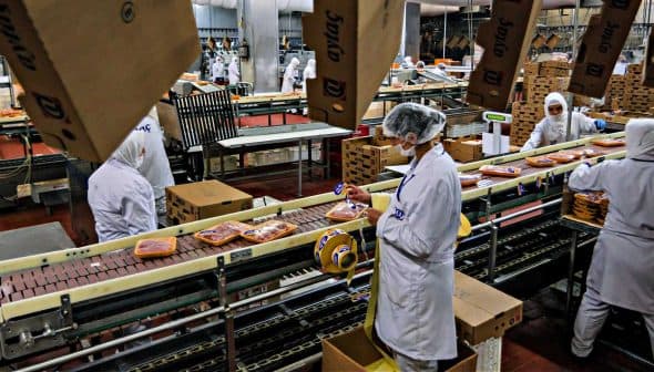 Workers in white coats and hairnets processing meat products on a conveyor belt in a facility. - Olive Oil Times