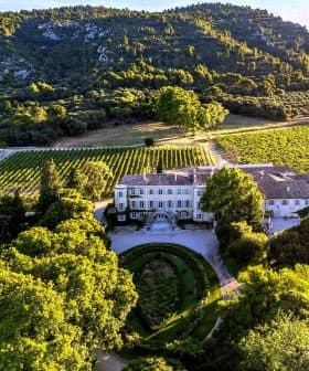 Aerial view of Chateau d'Estoublon surrounded by vineyards and trees. - Olive Oil Times