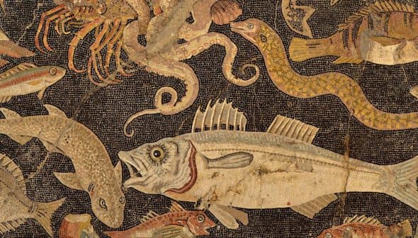 Mosaic artwork depicting various fish and sea creatures in intricate detail. - Olive Oil Times
