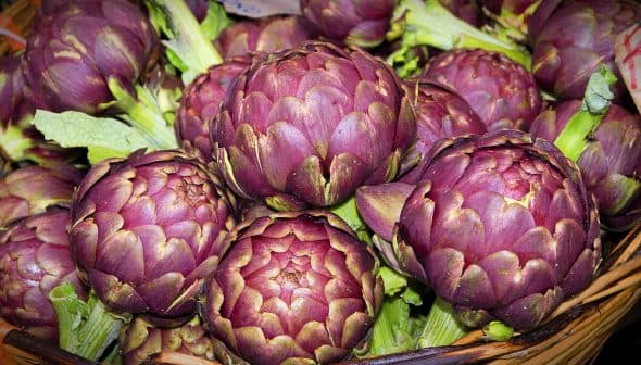 A basket filled with fresh purple artichokes, showcasing their rounded shape and green leaves. - Olive Oil Times