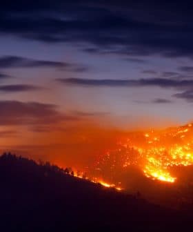 A mountain landscape with a wildfire burning along the slope under a twilight sky. - Olive Oil Times