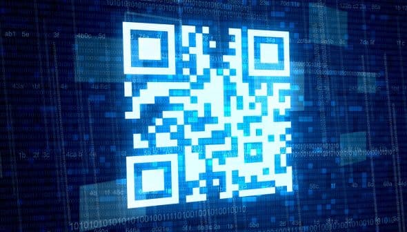 A blue QR code displayed on a digital background with binary code elements. - Olive Oil Times