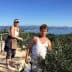 Two individuals harvesting olives from trees in a coastal area with a view of the sea. - Olive Oil Times