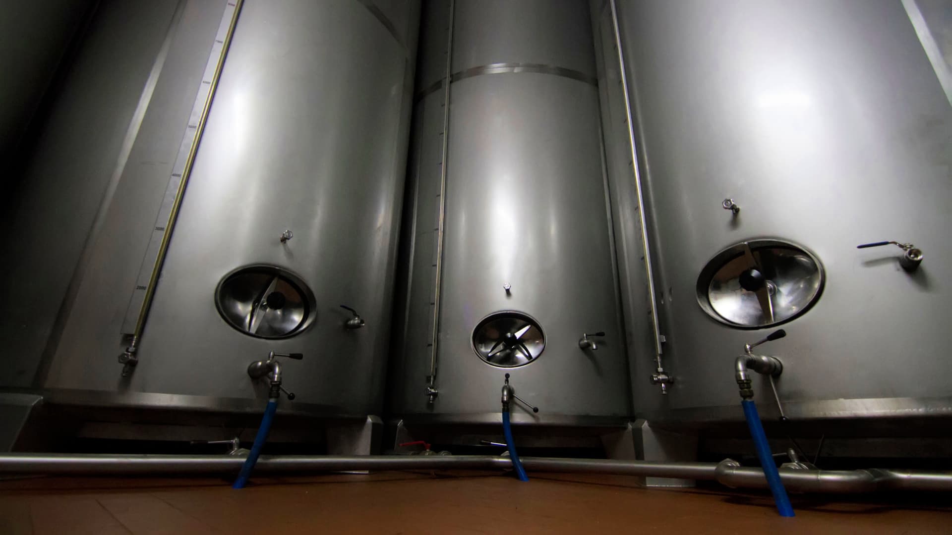 Three stainless steel fermentation tanks with circular openings and valves in a dimly lit space. - Olive Oil Times