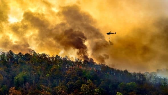 Helicopter dropping water on a forest fire with smoke and flames visible in the background. - Olive Oil Times
