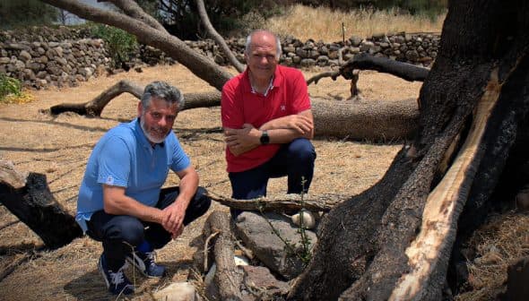 Two men kneeling beside a tree stump in a dry outdoor setting with fallen branches. - Olive Oil Times