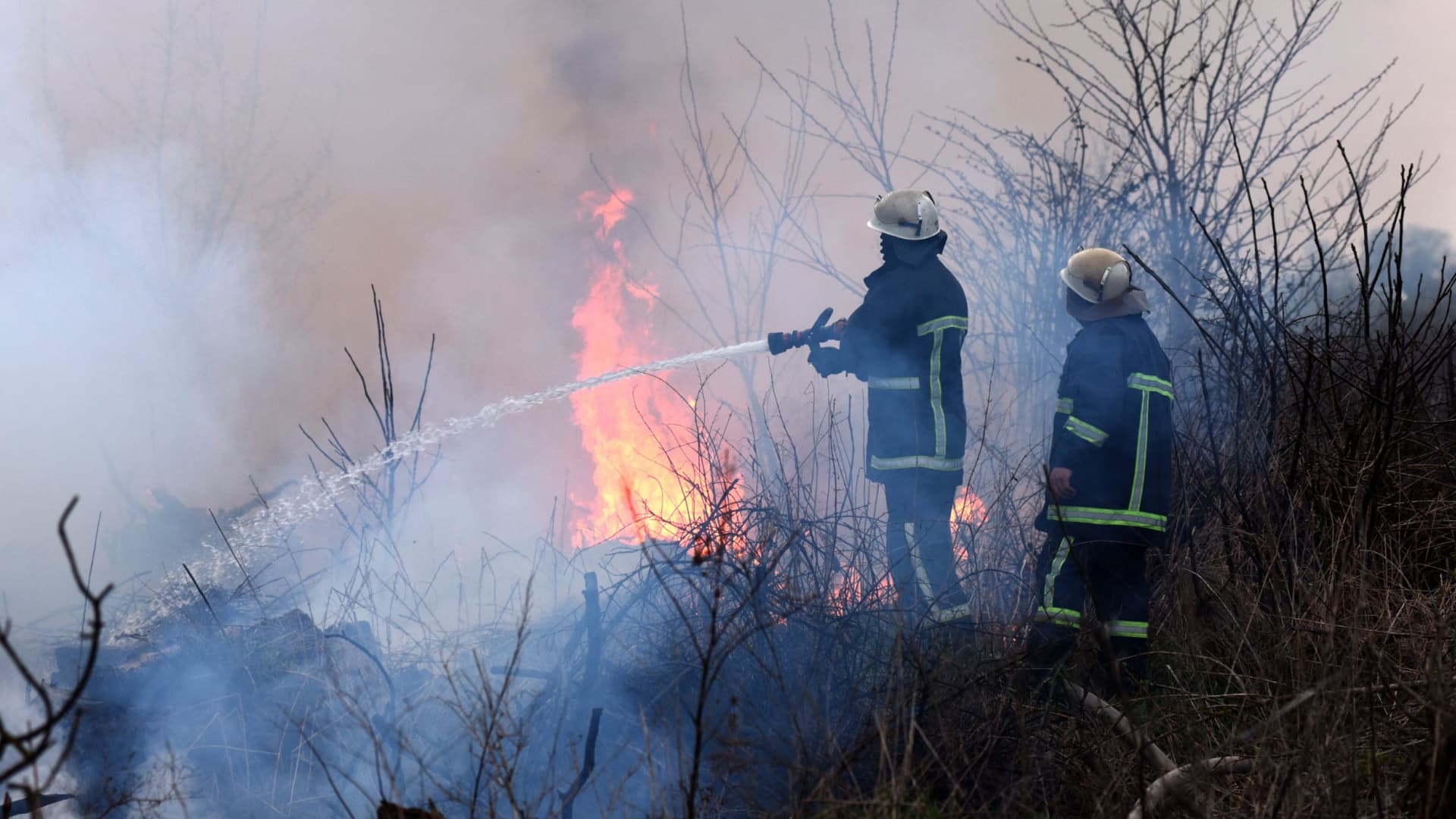 Two firefighters using hoses to extinguish flames during a wildfire in a wooded area. - Olive Oil Times