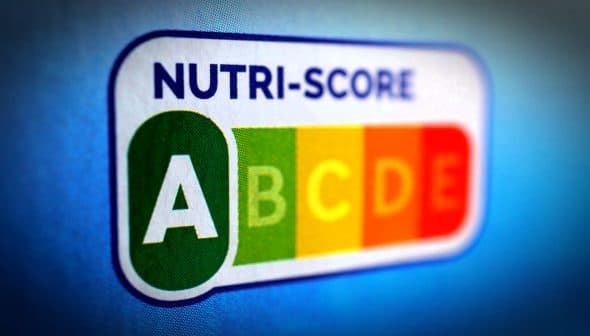 Nutri-Score label displaying grades A to E in a colorful format on a blue background. - Olive Oil Times