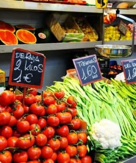 A market display featuring tomatoes, green beans, and other vegetables with price signs. - Olive Oil Times