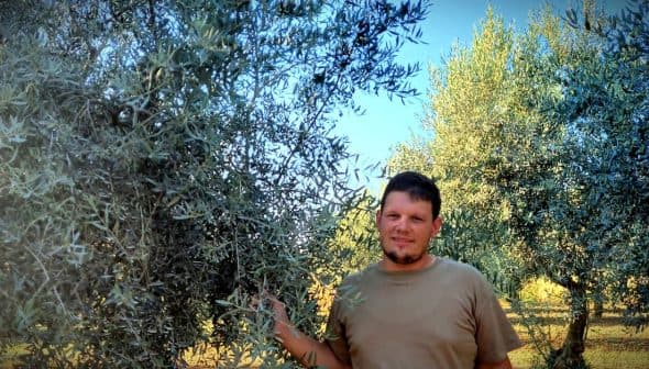 A man standing next to olive trees in an outdoor setting, with green foliage in the background. - Olive Oil Times