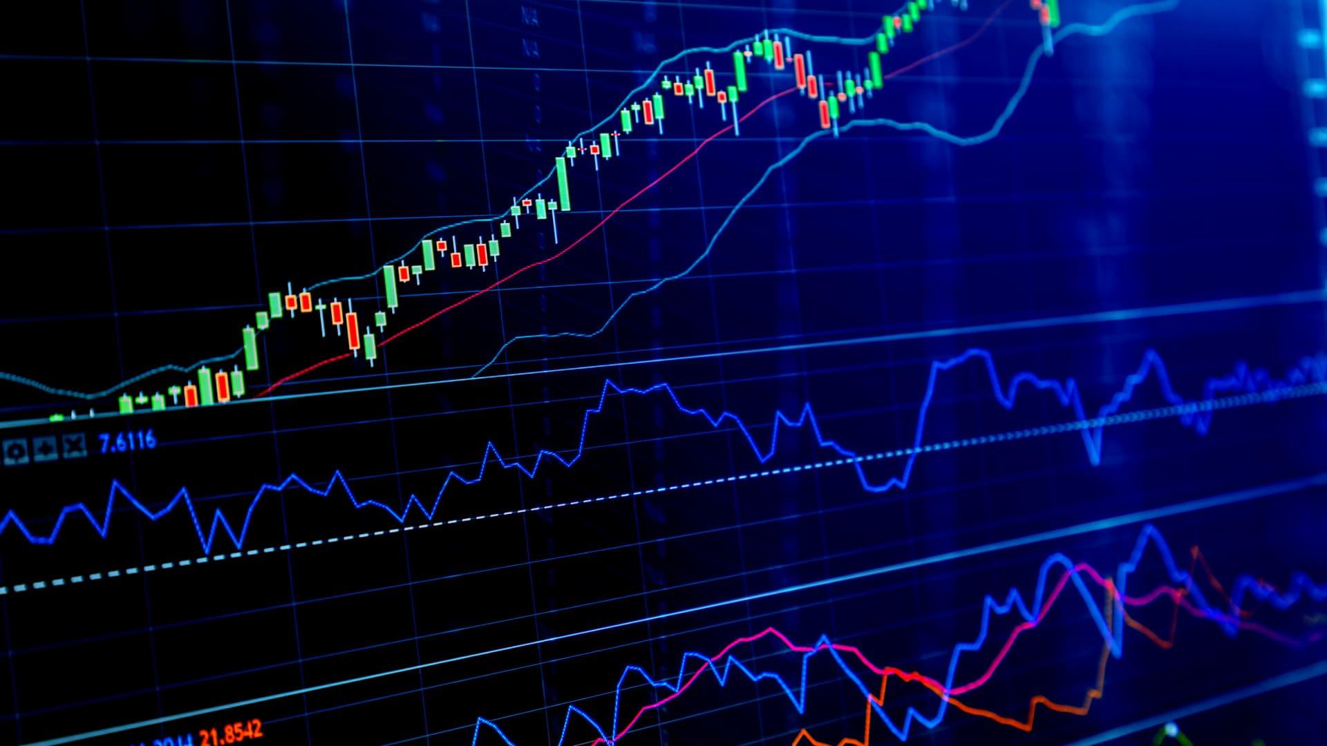 Stock market chart displaying candlestick patterns and various indicators in blue and colorful lines. - Olive Oil Times