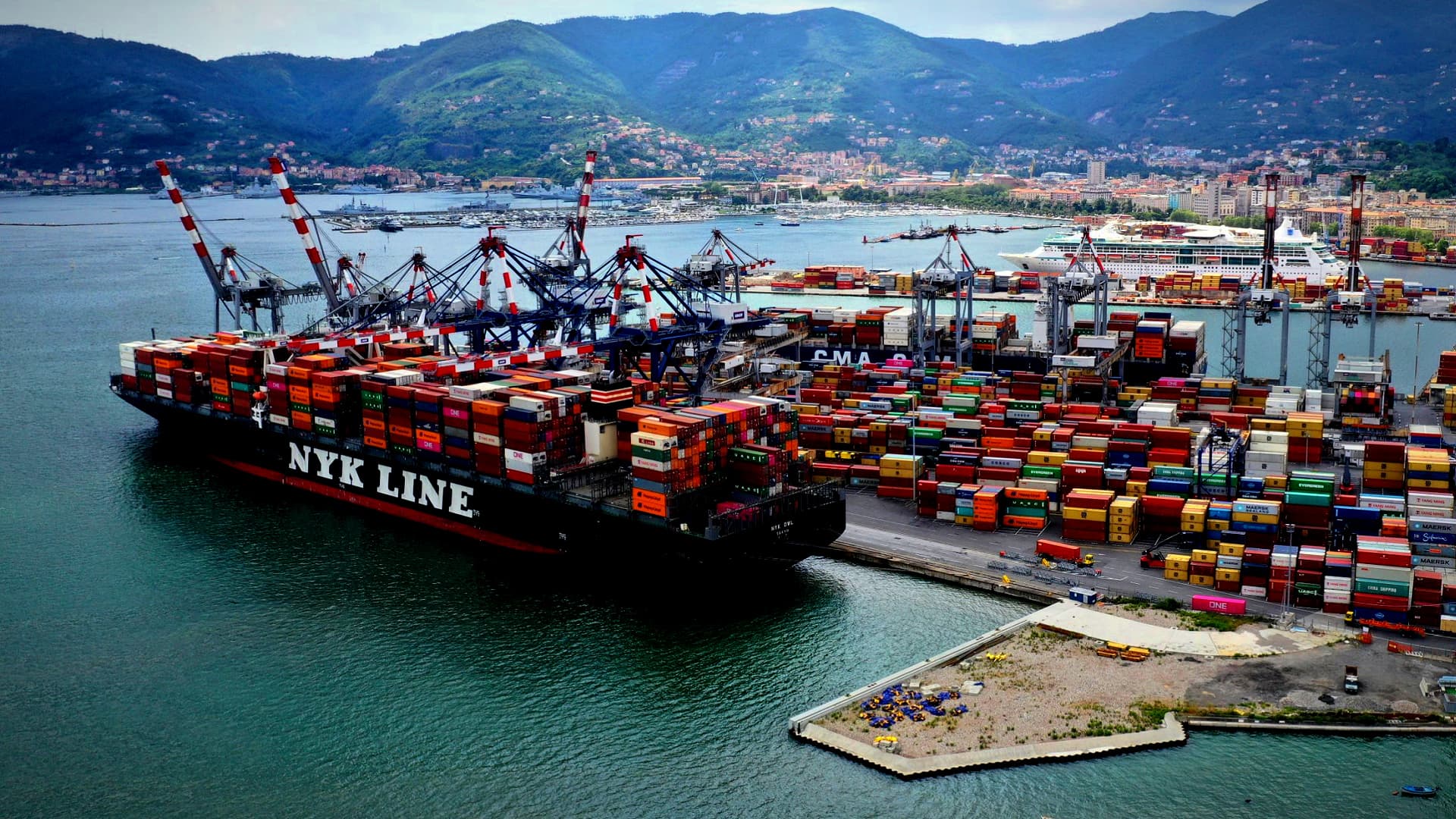 A large container ship named NYK LINE docked at a busy port surrounded by colorful shipping containers. - Olive Oil Times