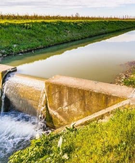 Concrete structure directing water flow in a channel with greenery on both sides. - Olive Oil Times