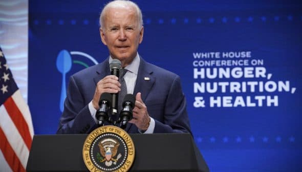 Joe Biden speaking at a podium during the White House Conference on Hunger, Nutrition, and Health event. - Olive Oil Times