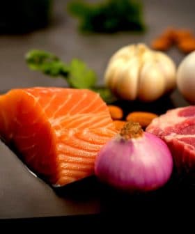 Raw salmon fillet, meat, onion, garlic, egg, and almonds arranged on a dark surface. - Olive Oil Times
