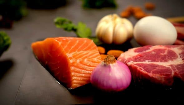 Raw salmon fillet, meat, onion, garlic, egg, and almonds arranged on a dark surface. - Olive Oil Times