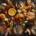 A beautifully arranged Thanksgiving dinner table with a turkey, pie, and various seasonal decorations. - Olive Oil Times