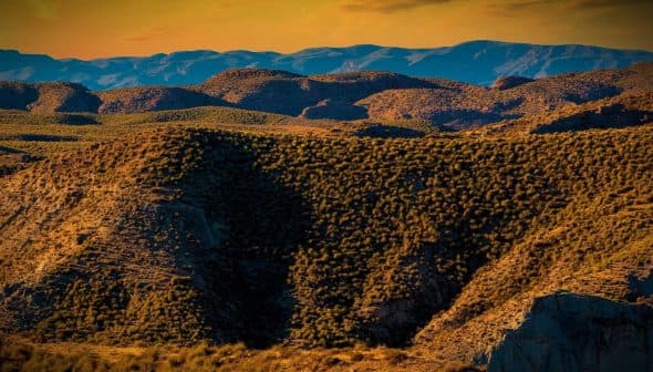 A view of a mountainous landscape featuring rolling hills and vegetation under a sunset sky. - Olive Oil Times