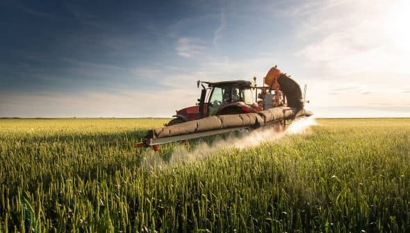 Red tractor applying pesticide in a wheat field under a clear sky. - Olive Oil Times