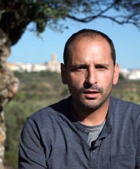 A man sitting in front of a large olive tree, looking directly at the camera with a serious expression. - Olive Oil Times