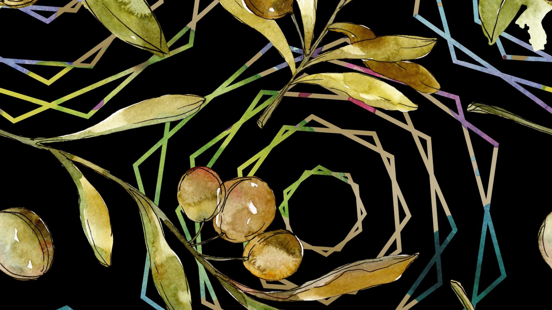 Watercolor illustration of olive branches and olives on a dark background with geometric shapes. - Olive Oil Times