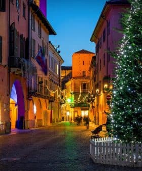 A large Christmas tree adorned with lights in a historic street at dusk. - Olive Oil Times