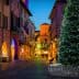 A large Christmas tree adorned with lights in a historic street at dusk. - Olive Oil Times