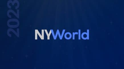 Logo design for NYWorld 2023 featuring stylized text on a blue background. - Olive Oil Times