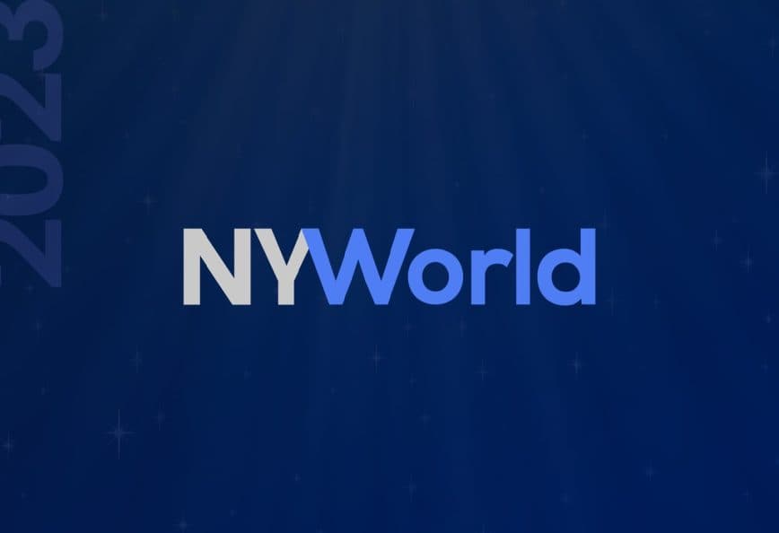 Logo design for NYWorld 2023 featuring stylized text on a blue background. - Olive Oil Times