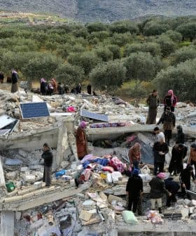 People searching through the rubble of a collapsed building surrounded by olive trees. - Olive Oil Times
