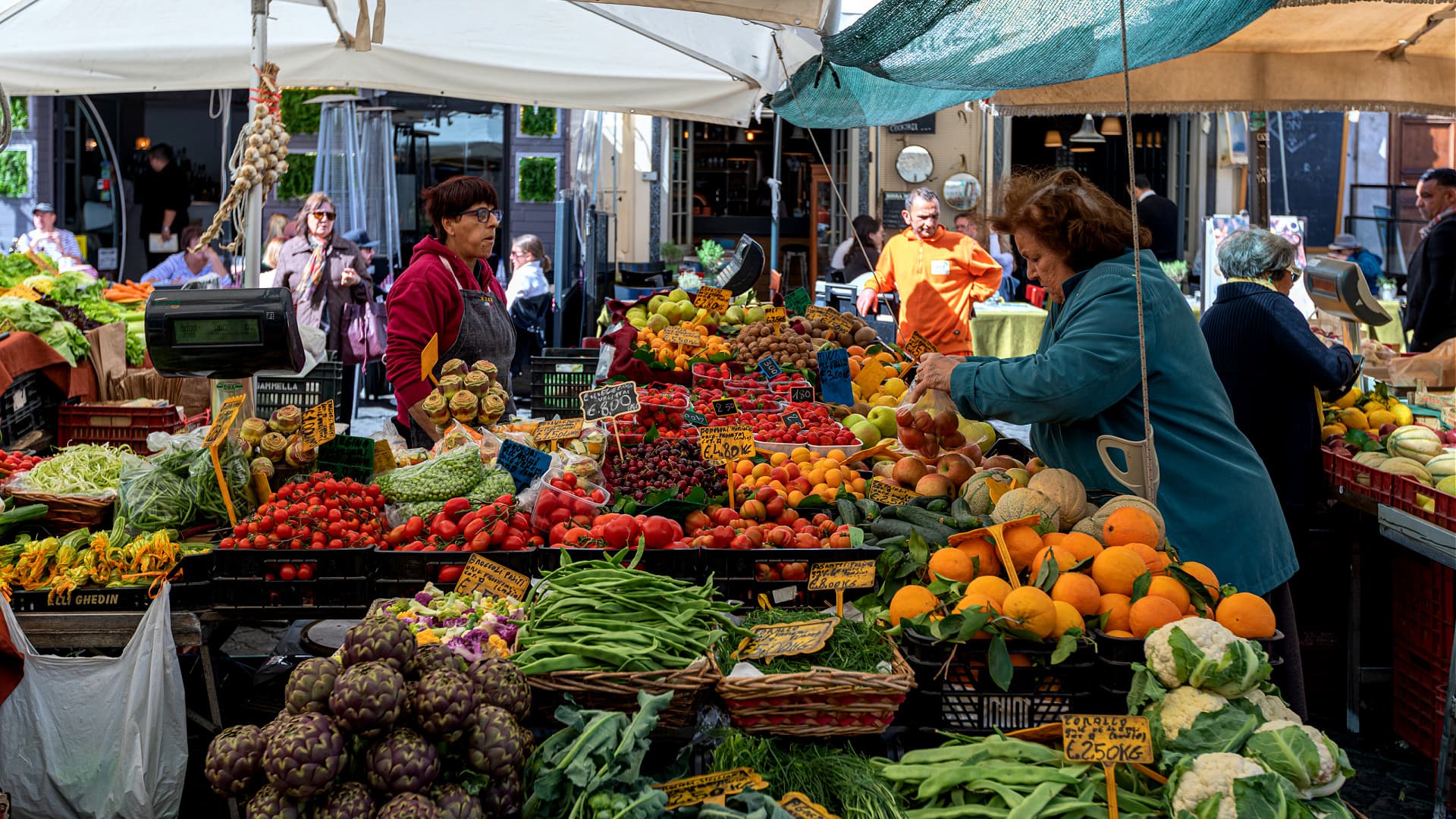 A market stall filled with various fresh fruits and vegetables, including tomatoes, oranges, and leafy greens. - Olive Oil Times