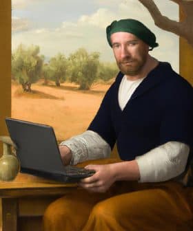 A man dressed in historical clothing sitting at a table with a laptop in a scenic setting. - Olive Oil Times