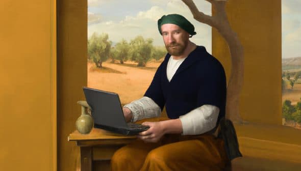 A man dressed in historical clothing sitting at a table with a laptop in a scenic setting. - Olive Oil Times