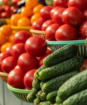 Baskets of cucumbers and tomatoes arranged in a market setting with vibrant colors. - Olive Oil Times