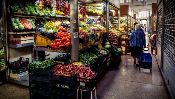 A market aisle filled with various fruits and vegetables displayed on shelves and crates. - Olive Oil Times