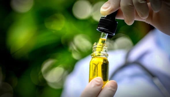 Person holding a dropper above a glass bottle filled with yellow oil. - Olive Oil Times