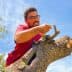 Individual using a pruning tool on an olive tree branch under a clear blue sky. - Olive Oil Times